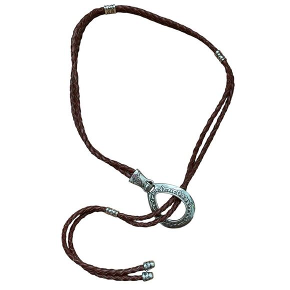 Vintage 90s Braided Western Brown Leather Lariat Belt Pewtertone - Picture 1 of 4